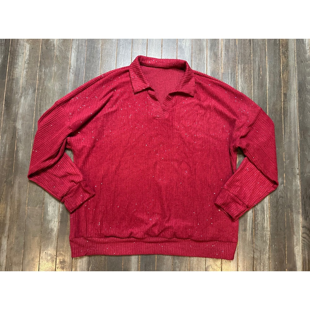 Red Ribbed Knit Polo Sweater Sparkle V-Neck Long Sleeve Pullover